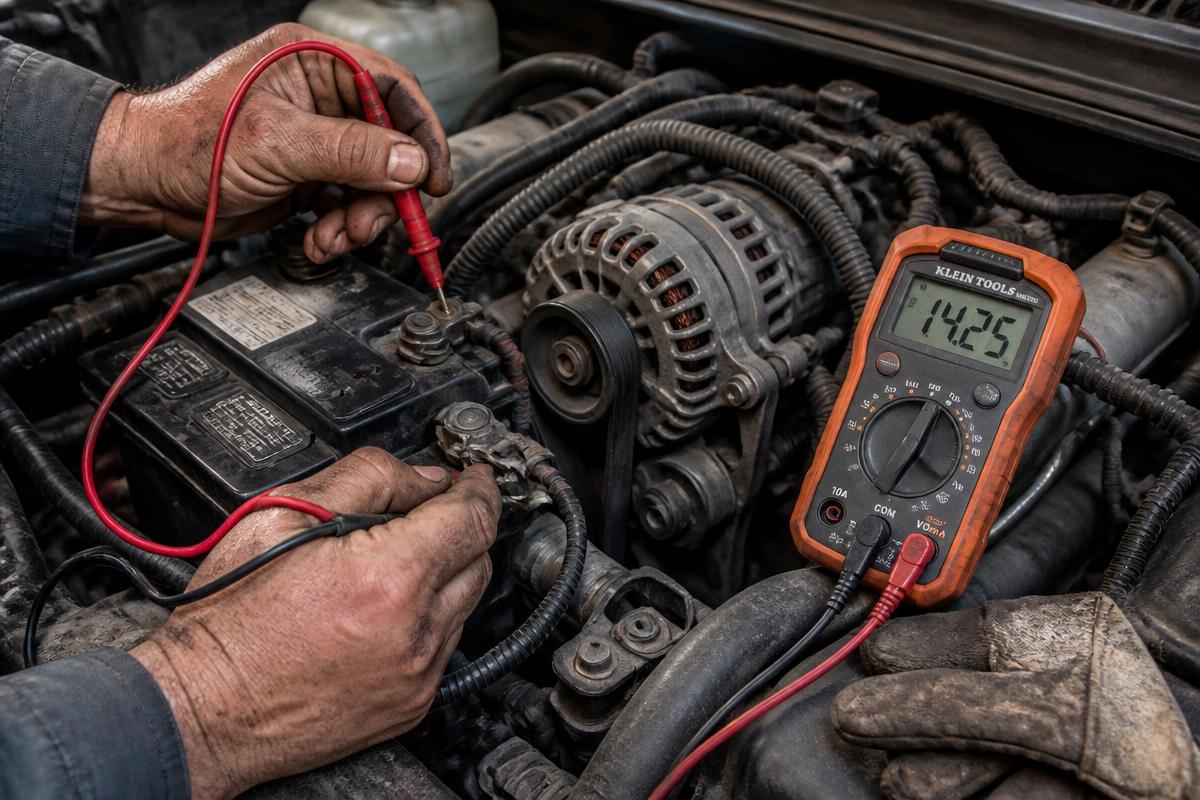 A mechanic testing a battery and alternator with a multimeter under the hood